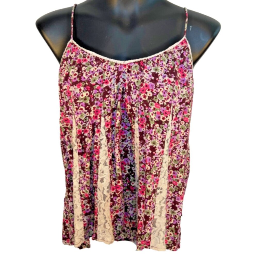 American Eagle - Women's L Tank Top Baby Floral and Lace Flared Hem Strappy